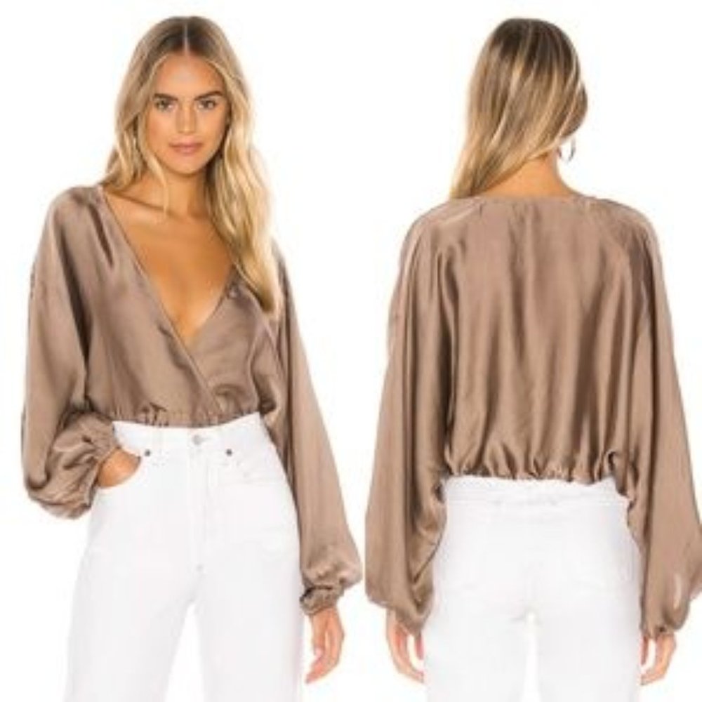 Free People Midnight Vibes Satin Blouse Taupe NEW - Picture 1 of 11